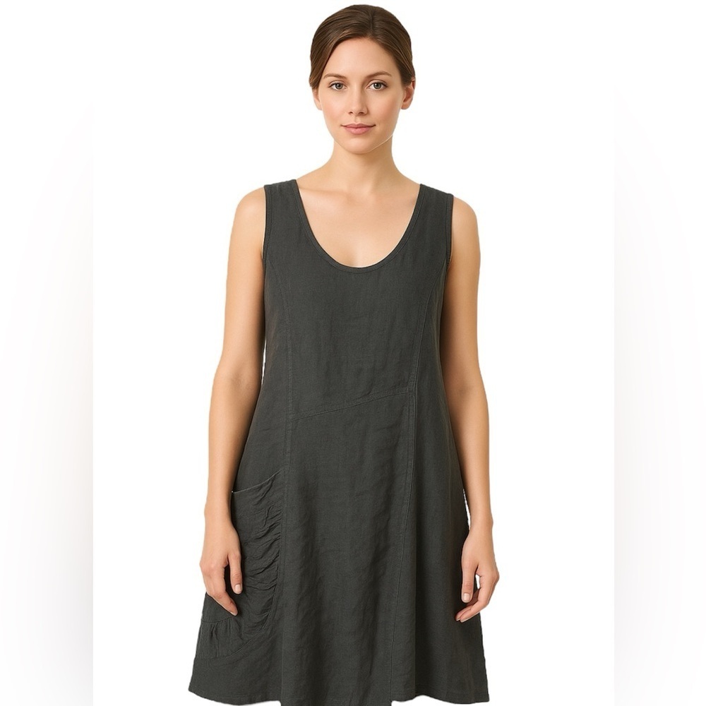 Inizio Black Linen Dress, Made in Italy, Asymmetric Hem, Boho, Lagenlook, S